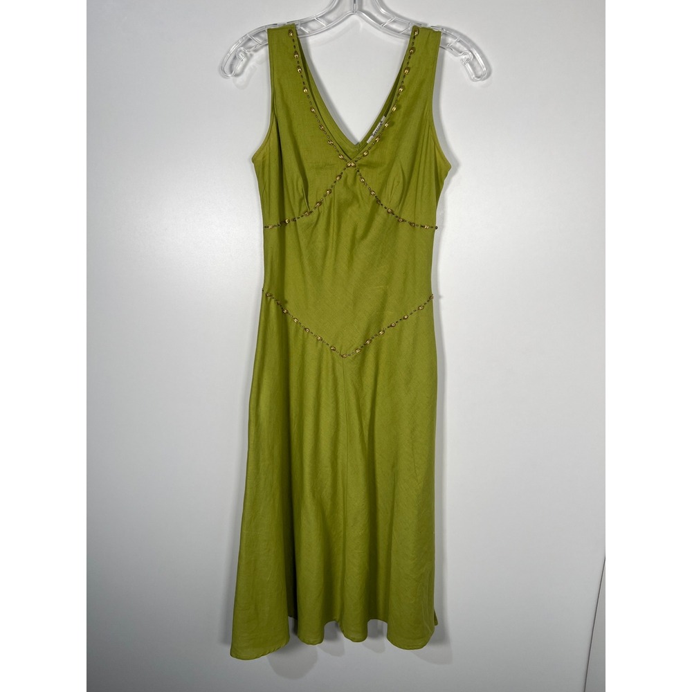 Vintage Jessica Petite Green Beaded Cotton Linen Midi Dress Boho Summer 6P